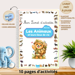 Livret éducatif " Animaux et leurs lieux de vie" avec 50 vignettes à scratchs, support plastifié réutilisable à l'infini