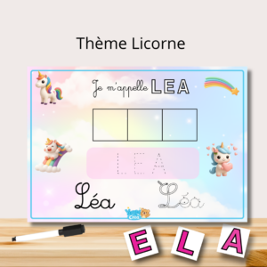 Fiche d'apprentissage de l'écriture du prénom, support plastifié et réutilisable pour l'entrainement au tracé des lettres.