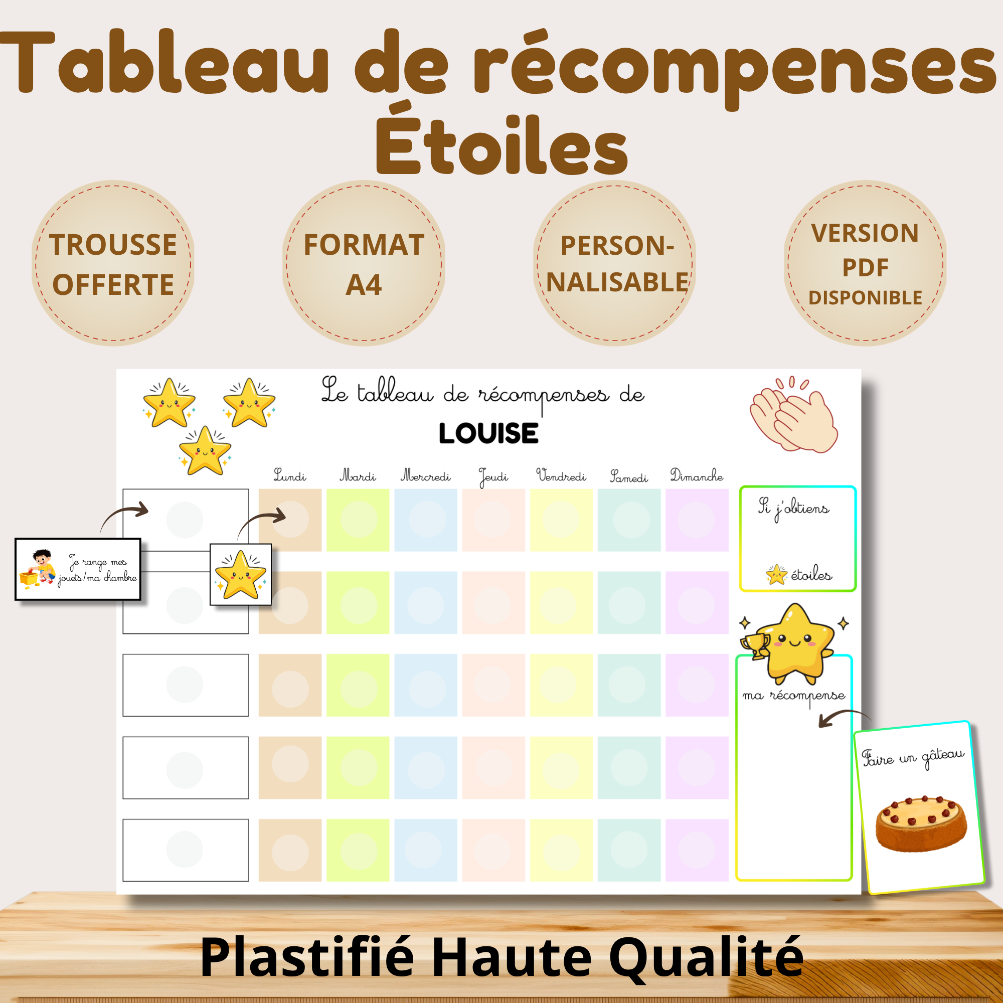 Tableau de motivation et de récompenses illustrés avec des étoiles, conçu pour encourager les bonnes habitudes de l'enfant