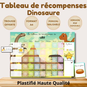Tableau de récompenses ludiques sur le thème des dinosaures, parfait pour encourager les enfants tout en s'amusant
